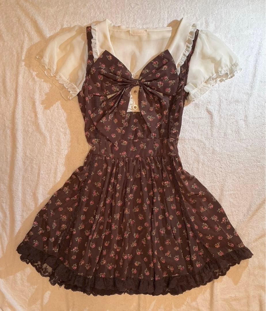 LIZLISA 希少 BIGリボンAラインワンピース 重ね着風 ローズ柄 姫カジ