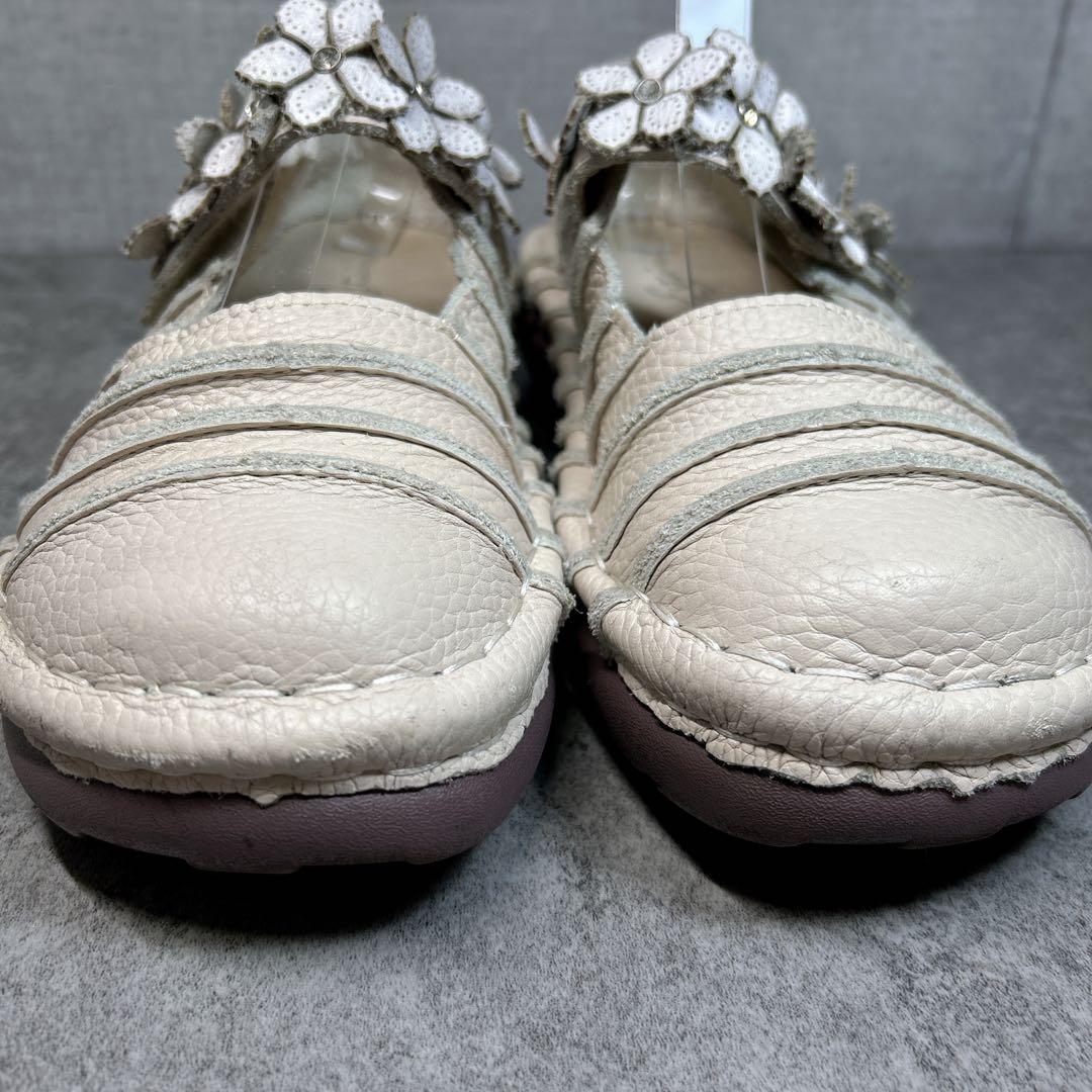 極美品【エスタシオン】お花 レザーメリージェーン/厚底/フラワー/ビジュー/幅広