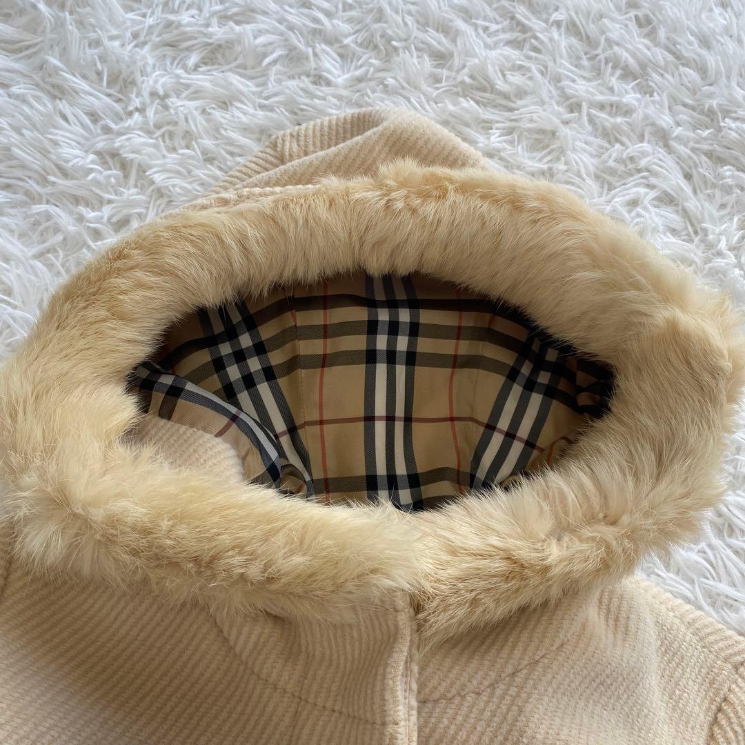 極美品　バーバリーブルーレーベル　ダッフルコート　ノバチェック　ラビットファー