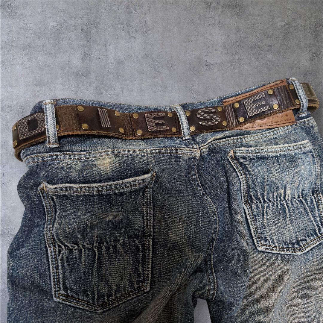 ディーゼル ロゴ スタッズ ベルト イタリア製 本革 ヴィンテージ加工 y2k