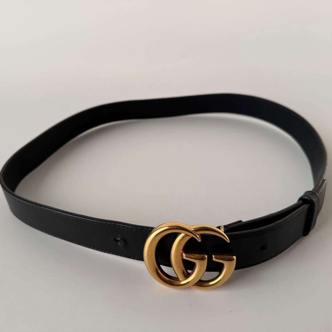 【美品】GUCCI　ベルト　黒　GGマーモント　ゴールド　レザー　ロゴバックル