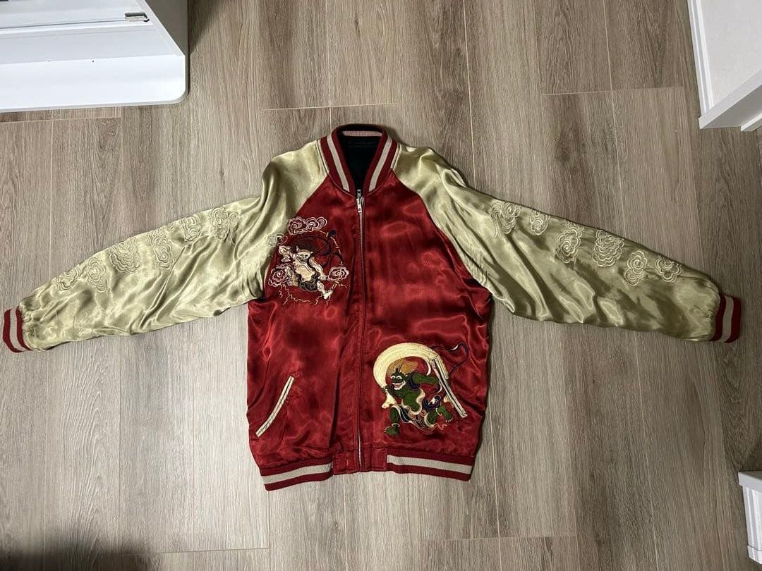 刺繍入り赤金スカジャン　百花繚乱　風神　雷神