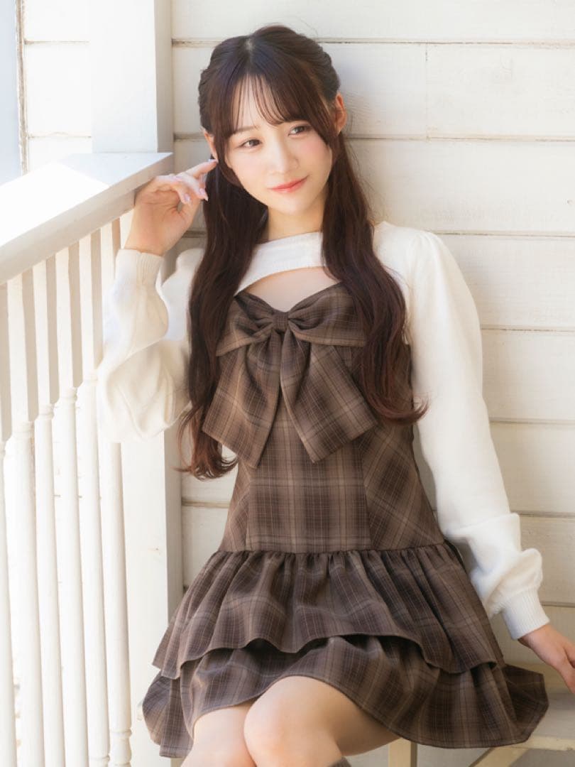 〖未使用〗evelyn エブリン ブラウン チェック柄 リボン ミニワンピース