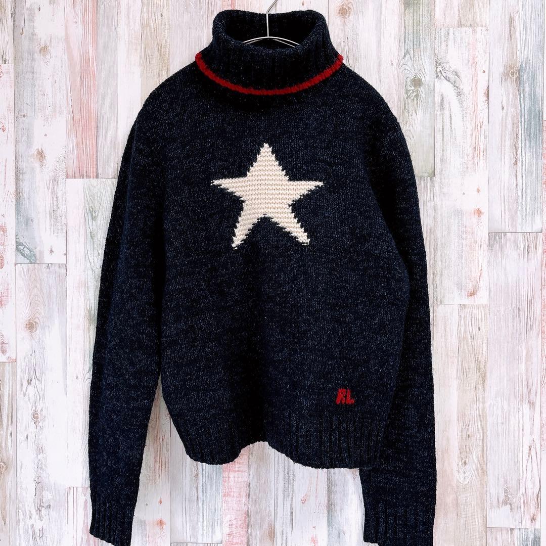 美品♡ラルフローレン　ハイネックニット　星　スター　シルク混　紺　L　大人気✨