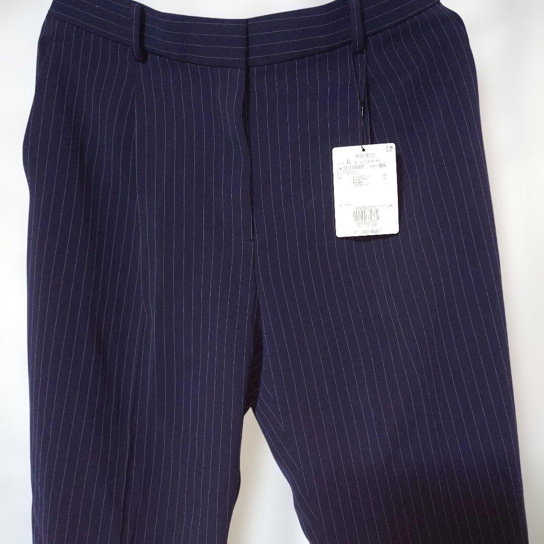 2点セット　ネイビー ストライプ ノーカラージャケットL　テーパードパンツXL