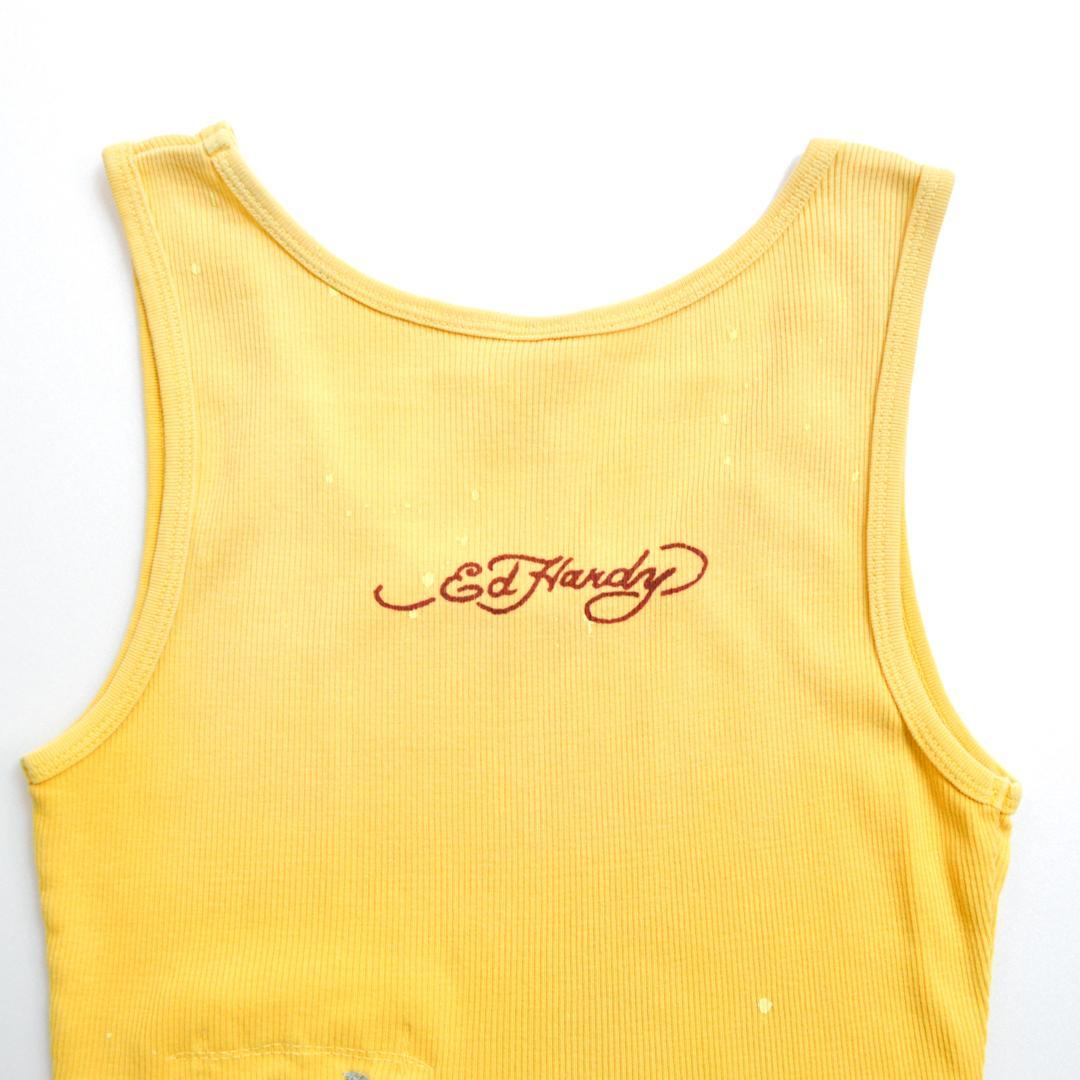 【美品】ED HARDYエドハーディ ベイビーデビル ダメージドタンクトップ黄色