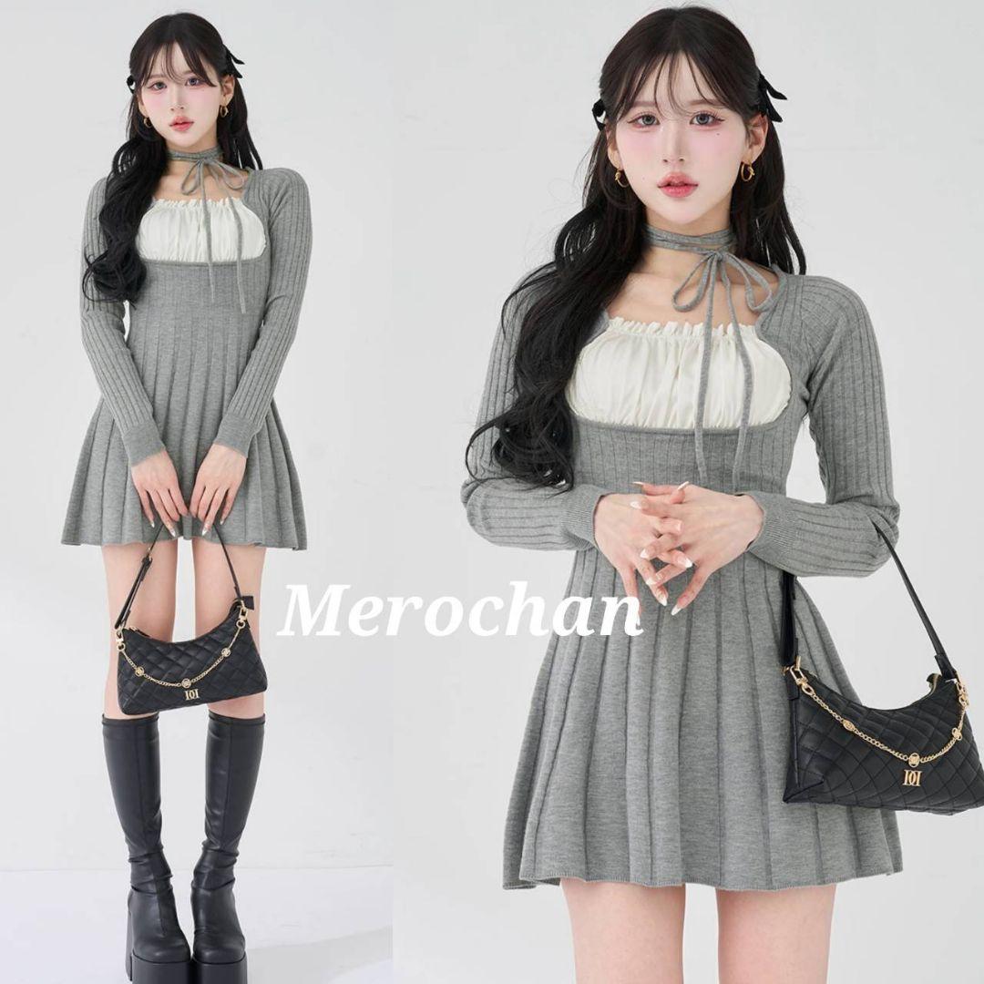 ダーリッチ ネックリボンデザインフレアニットミニワンピース GRY 《F》