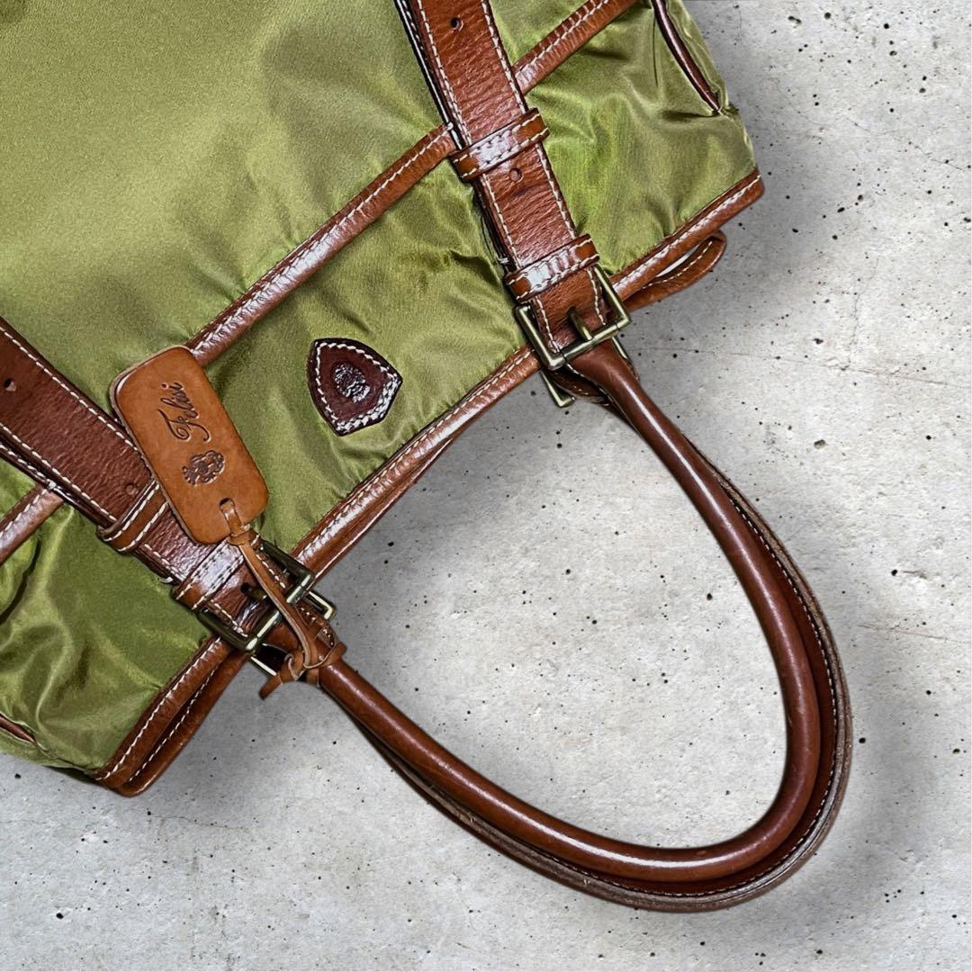 美品　フェリージ　トートバッグ　ナイロン　レザー　3層　肩掛け　カーキ　ブラウン