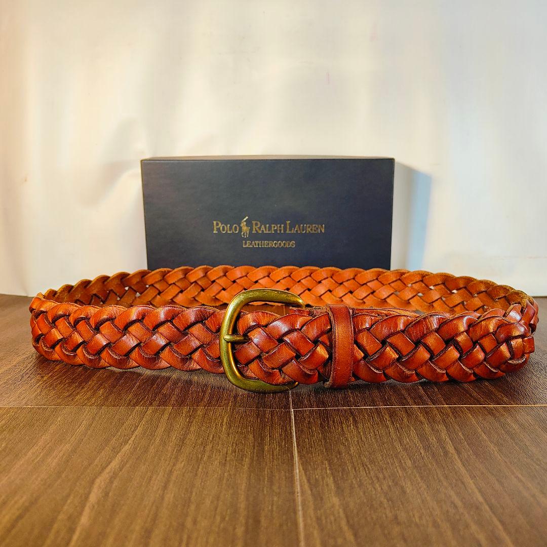【ヴィンテージ】ポロラルフローレン　高級編込みドレスベルト　極厚イタリアンレザー