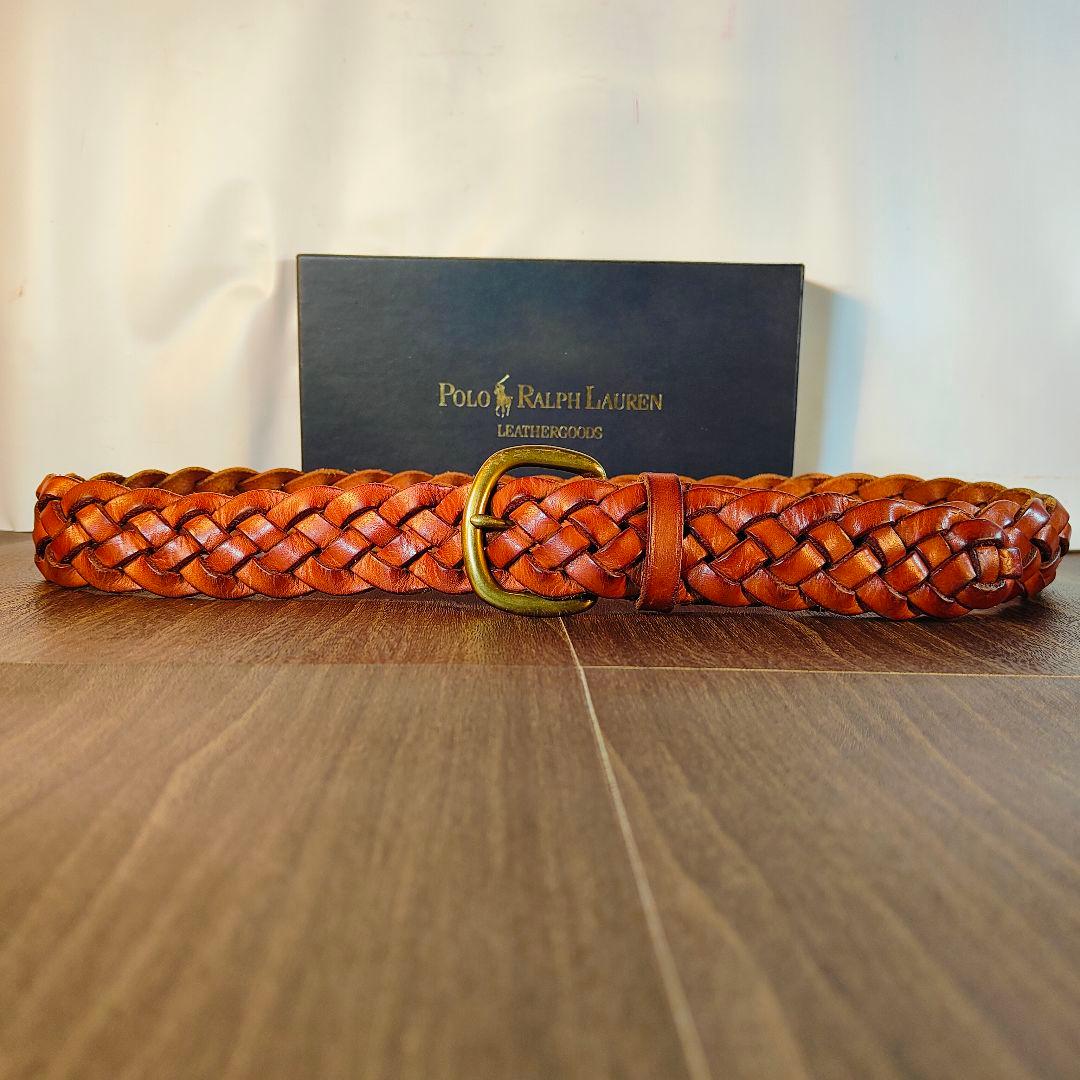 【ヴィンテージ】ポロラルフローレン　高級編込みドレスベルト　極厚イタリアンレザー