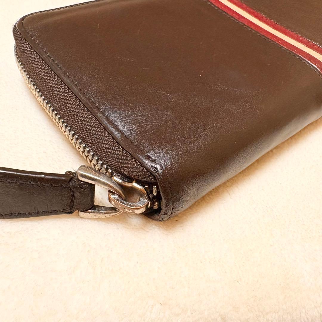BALLY レザー 長財布 ダークブラウン ラウンドファスナー ストライプ