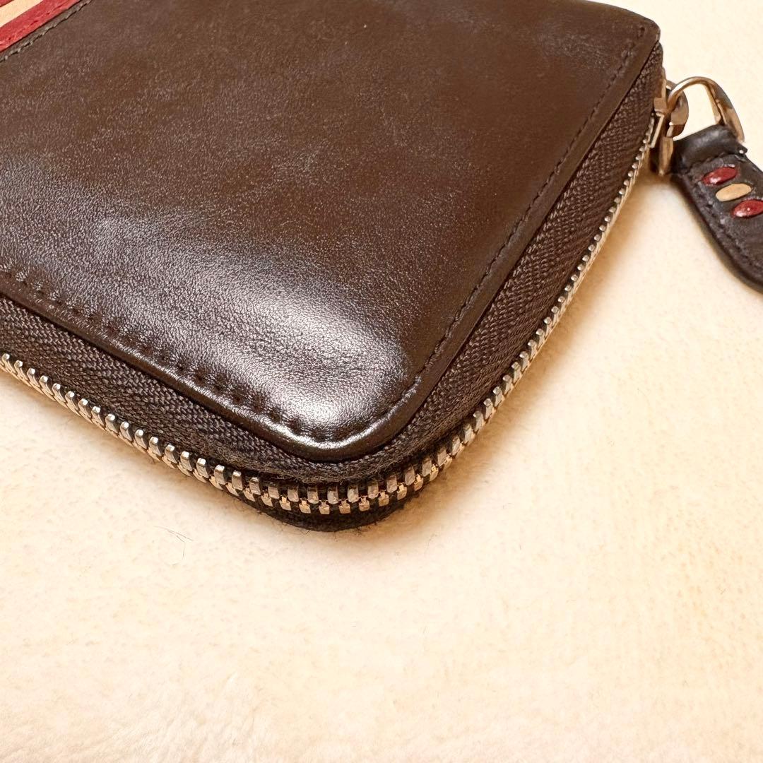 BALLY レザー 長財布 ダークブラウン ラウンドファスナー ストライプ