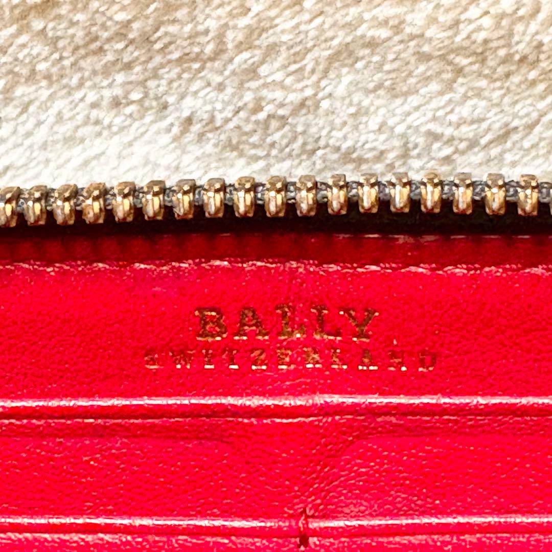 BALLY レザー 長財布 ダークブラウン ラウンドファスナー ストライプ