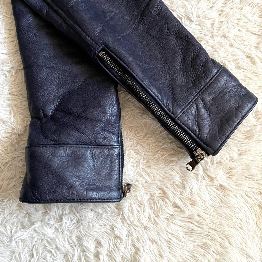 【美品】ジュンハシモト インナーライダースジャケット 牛革 シワ加工 紺 M