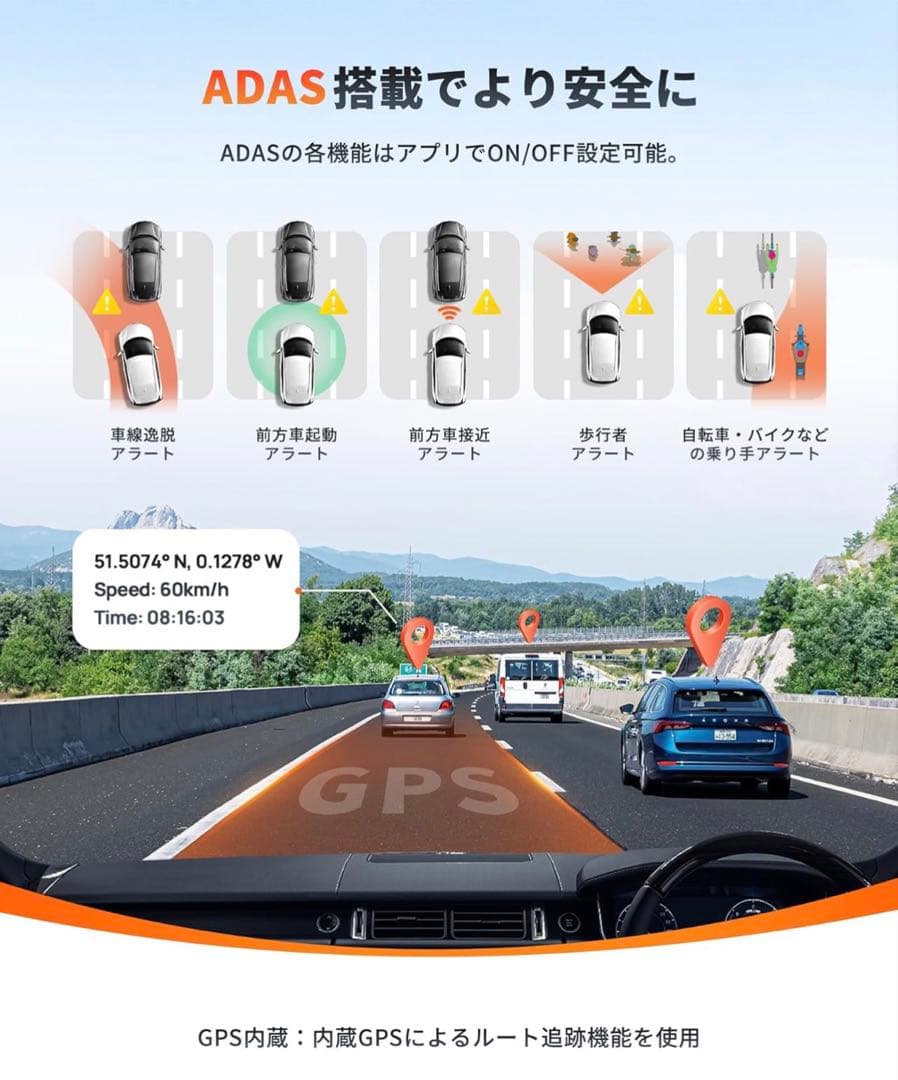 4K画素超強暗視 前後2カメラ 70mai Dash Cam 4k A800SE