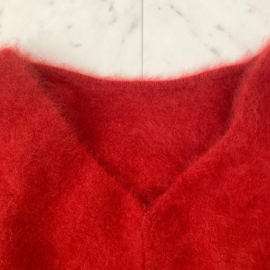 スピックアンドスパン　ラクーンファーVネックニット　トマトレッド