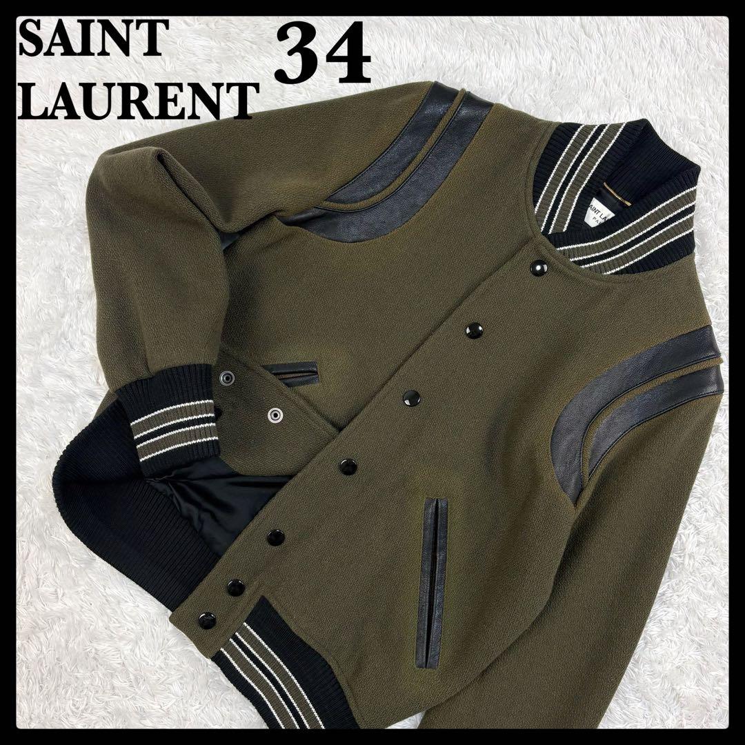 5840【希少カラー】サンローラン☆レザー切替テディジャケット カーキ 即完売