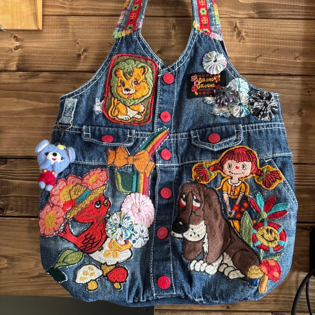 ハンドメイド デニムリメイク バッグ レトロアニマル ヨーヨーキルト 楕円 19