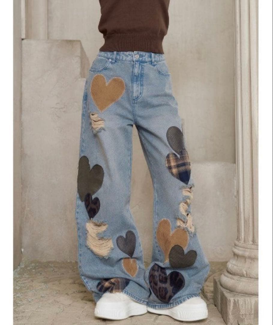 Darich ダーリッチ　ランダムハートパッチワークデニムパンツ　Sサイズ