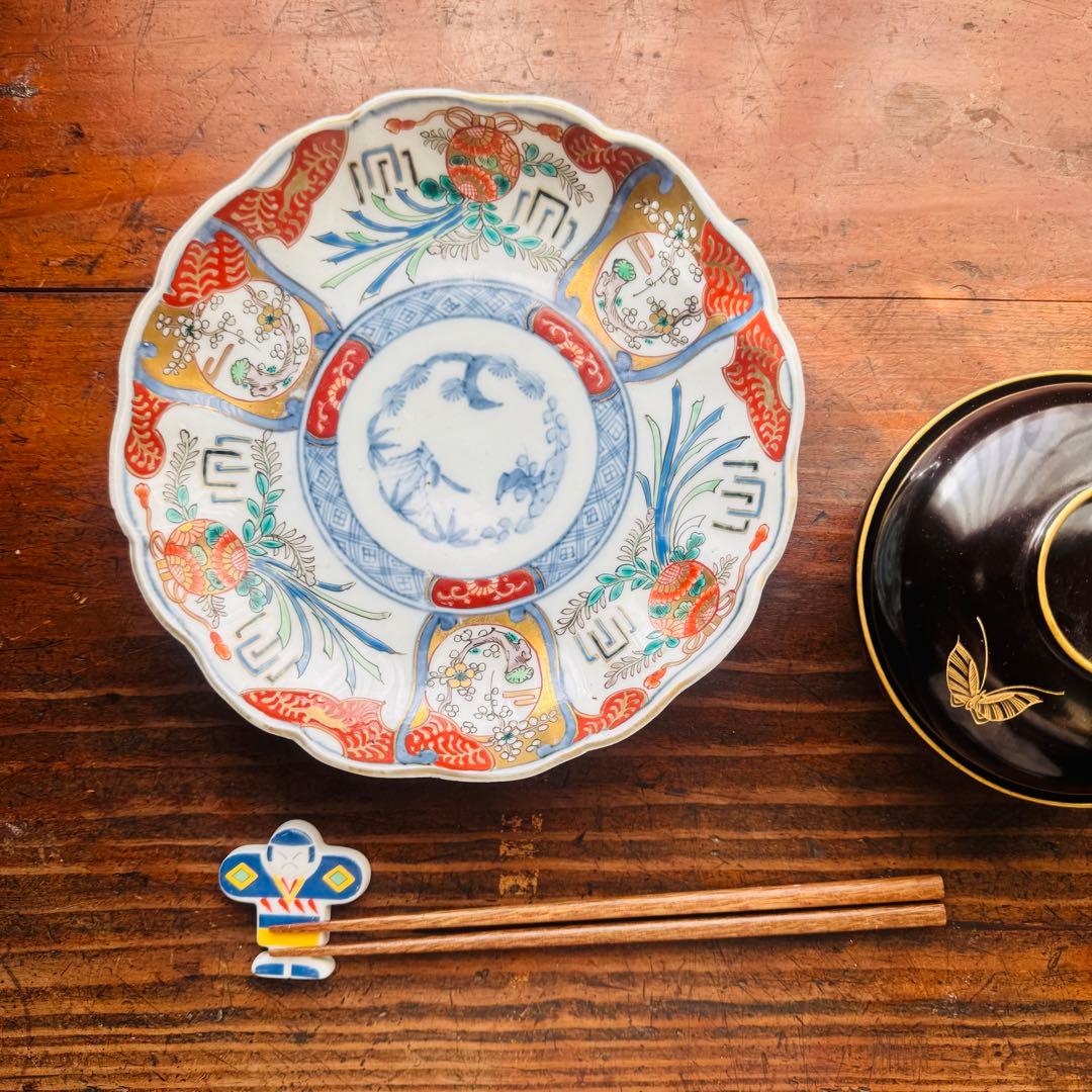 aloha34様用　金彩色絵草花文 一枚 朱塗り吸い物椀2客セット印判皿ニ枚