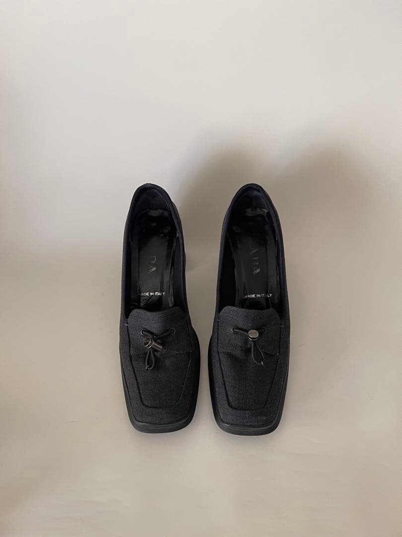 美品Pradaプラダブラックグレーヒール付きモカシンパンプス36.5