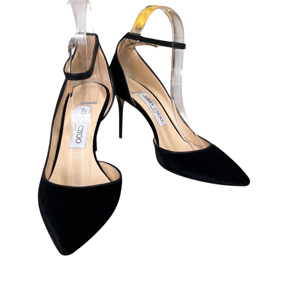 アッパー美品✨ジミーチュウ 黒 ベロア アンクルストラップ パンプス 23.5