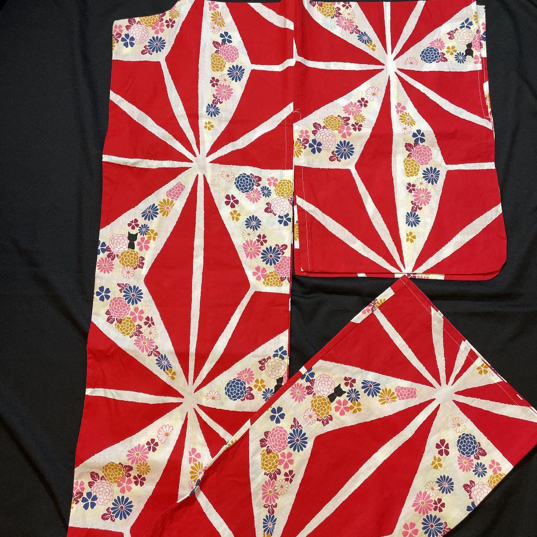 限定1☆浴衣 大正ロマン アンティーク 浴衣 麻の葉　猫 赤 白 黒猫