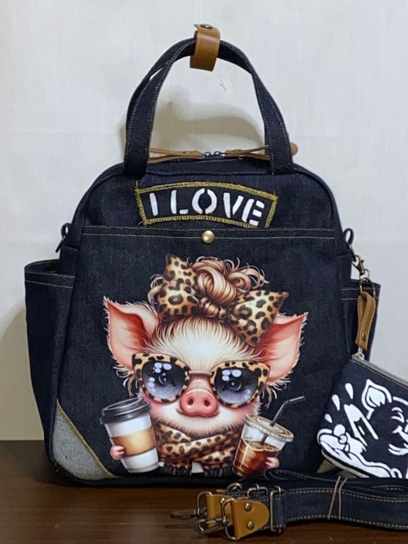 セール☆ハンドメイド☆岡山デニム☆ブタさん☆リュック対応☆4wayボストンバッグ