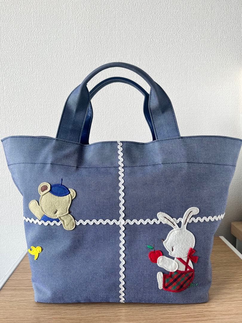 familiar 【美品】デニム地トートバッグ マチ付き ファスナー付き