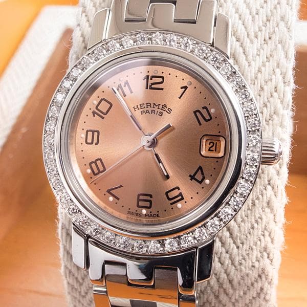 本物保証　エルメス　ウォッチ　ダイヤベゼル　ピンクゴールド文字盤
