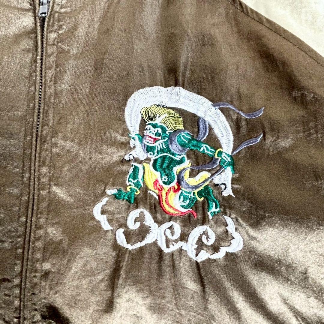 MS:NICK SIXX 風神雷神 スカジャン 刺繍 ブラウン中綿 サテン生地L