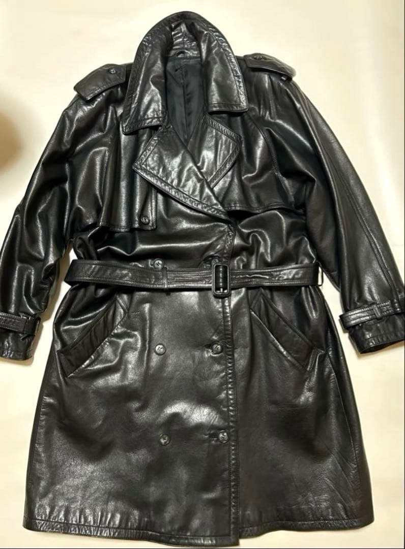 vintage牛革オールレザー ダブル トレンチコート ブラック ロング ベルト