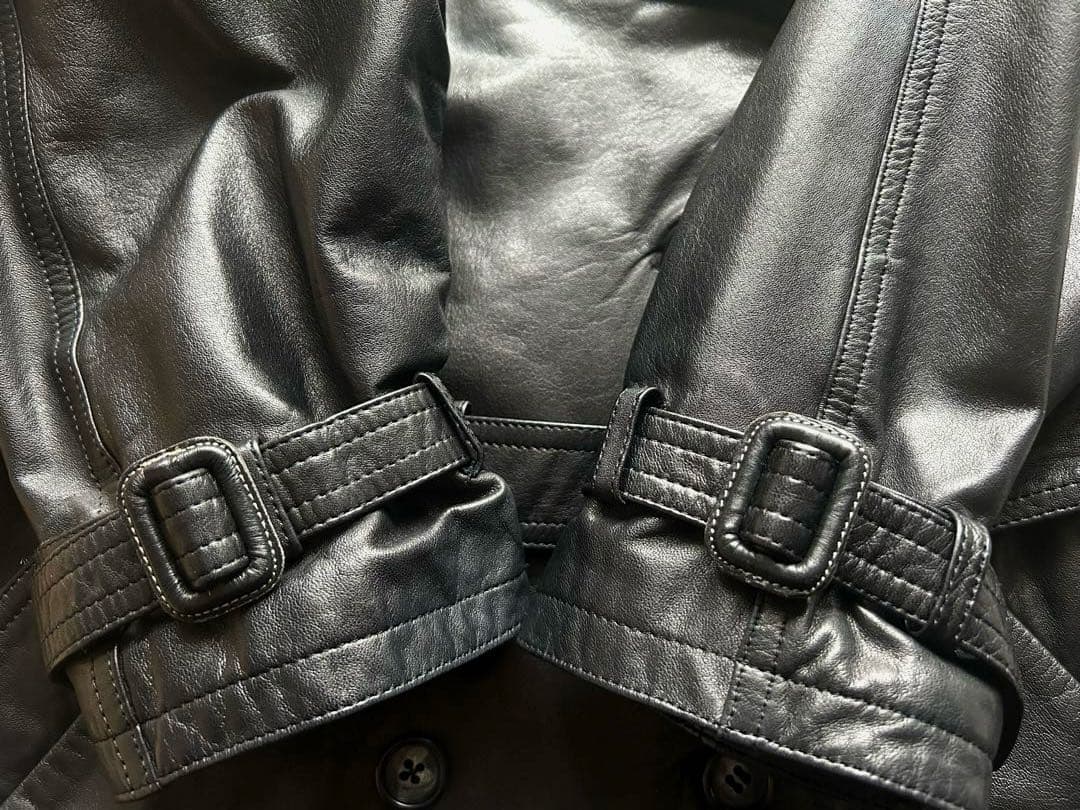 vintage牛革オールレザー ダブル トレンチコート ブラック ロング ベルト