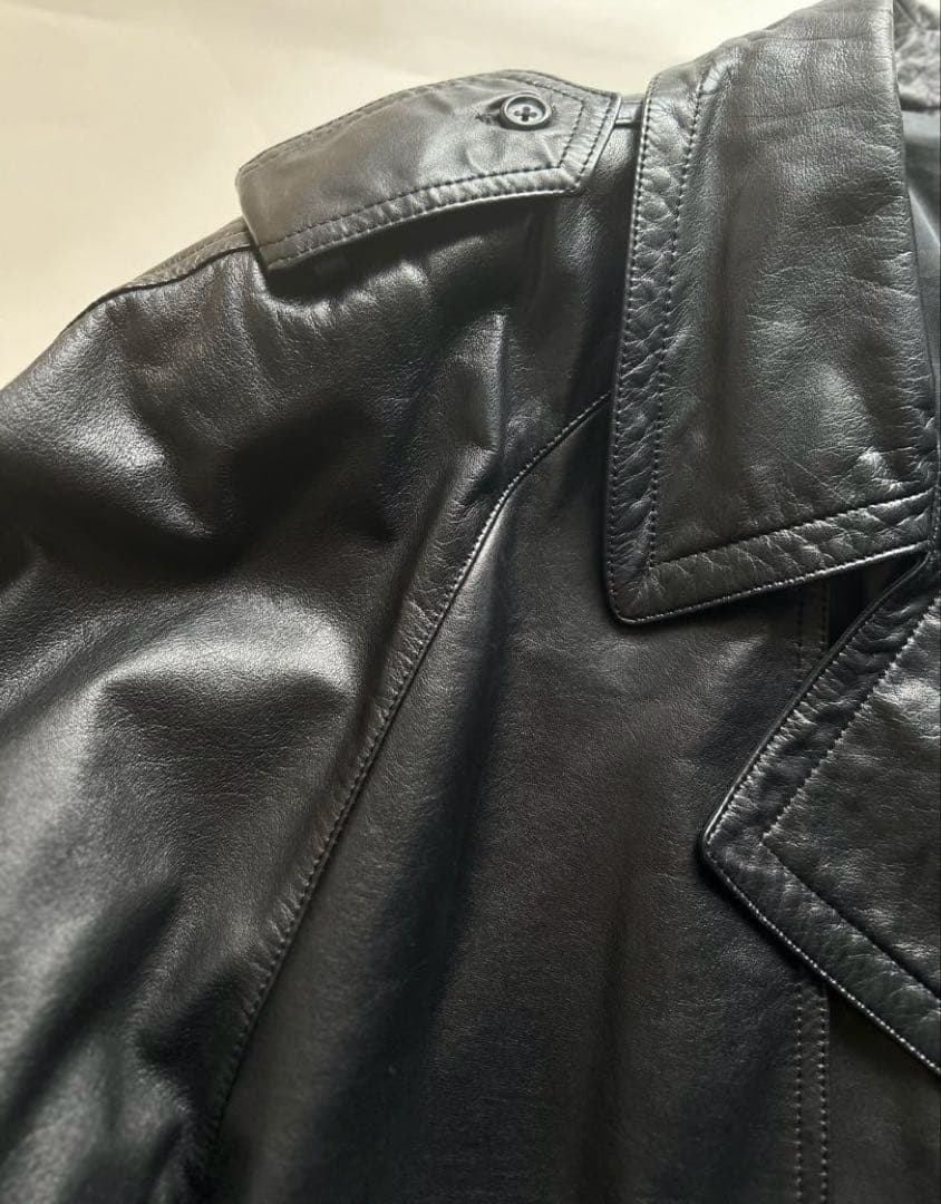 vintage牛革オールレザー ダブル トレンチコート ブラック ロング ベルト