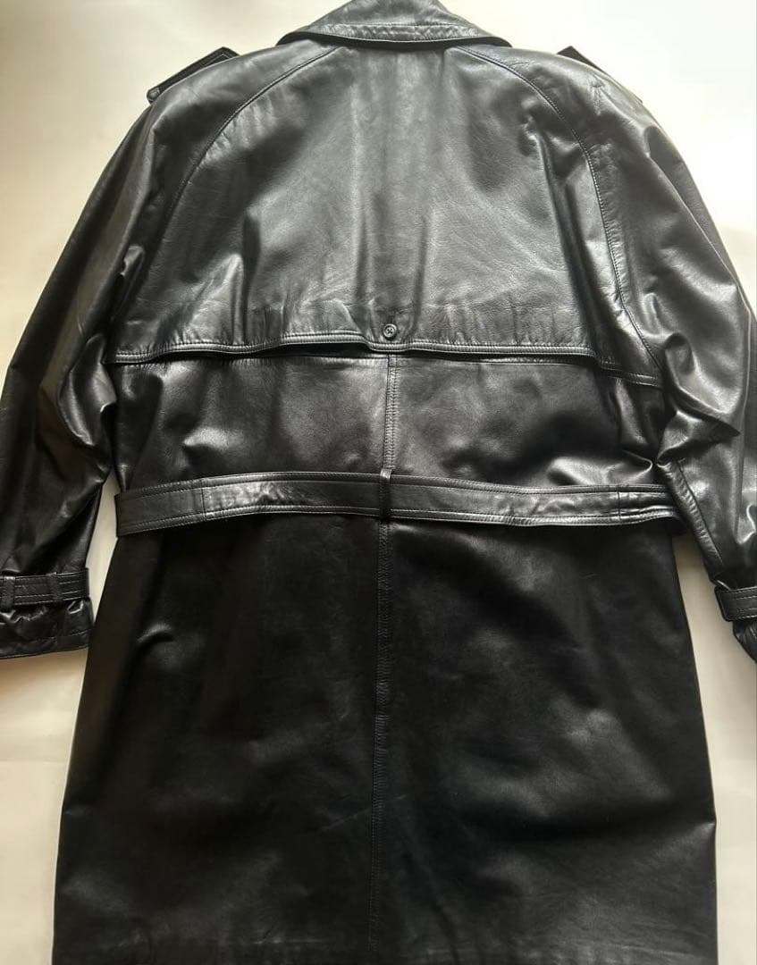 vintage牛革オールレザー ダブル トレンチコート ブラック ロング ベルト