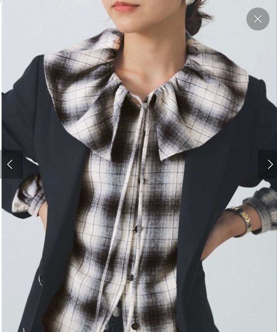 IENA BLACK フリルチェックブラウス