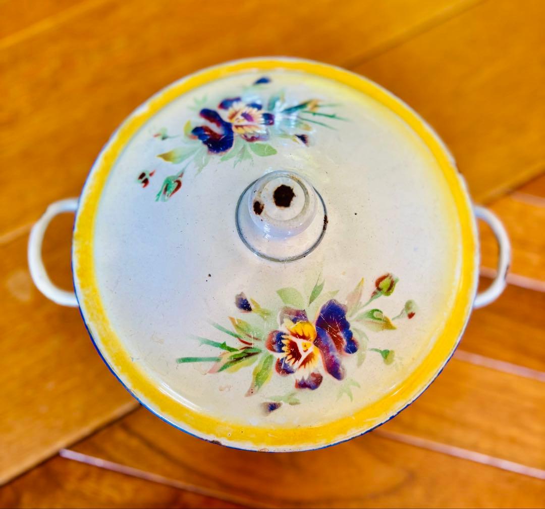 フランスアンティーク ホーロー パンジーの小さなお鍋 イエロー