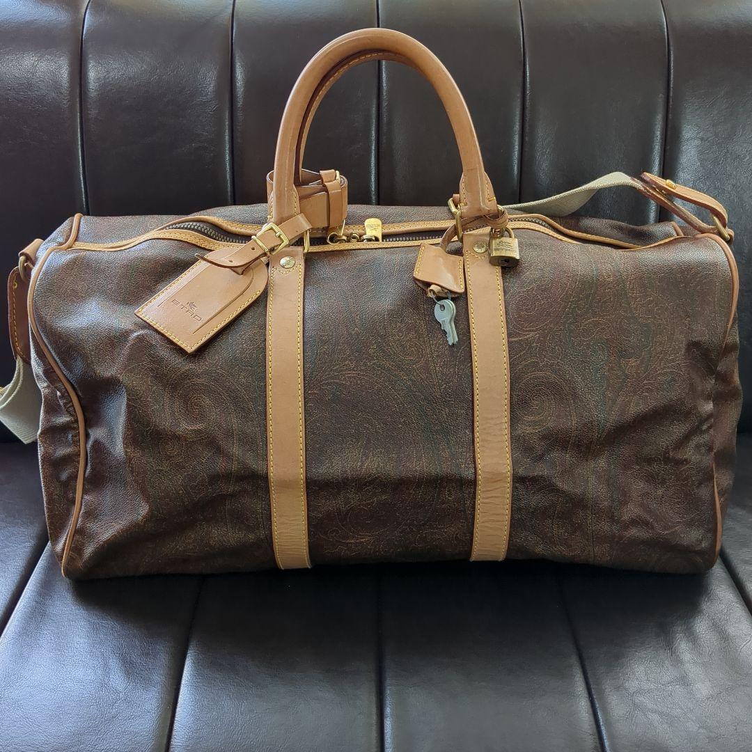 ETRO エトロ ボストンバッグ 南京錠・鍵・タグ付き 茶系ペイズリー 大容量