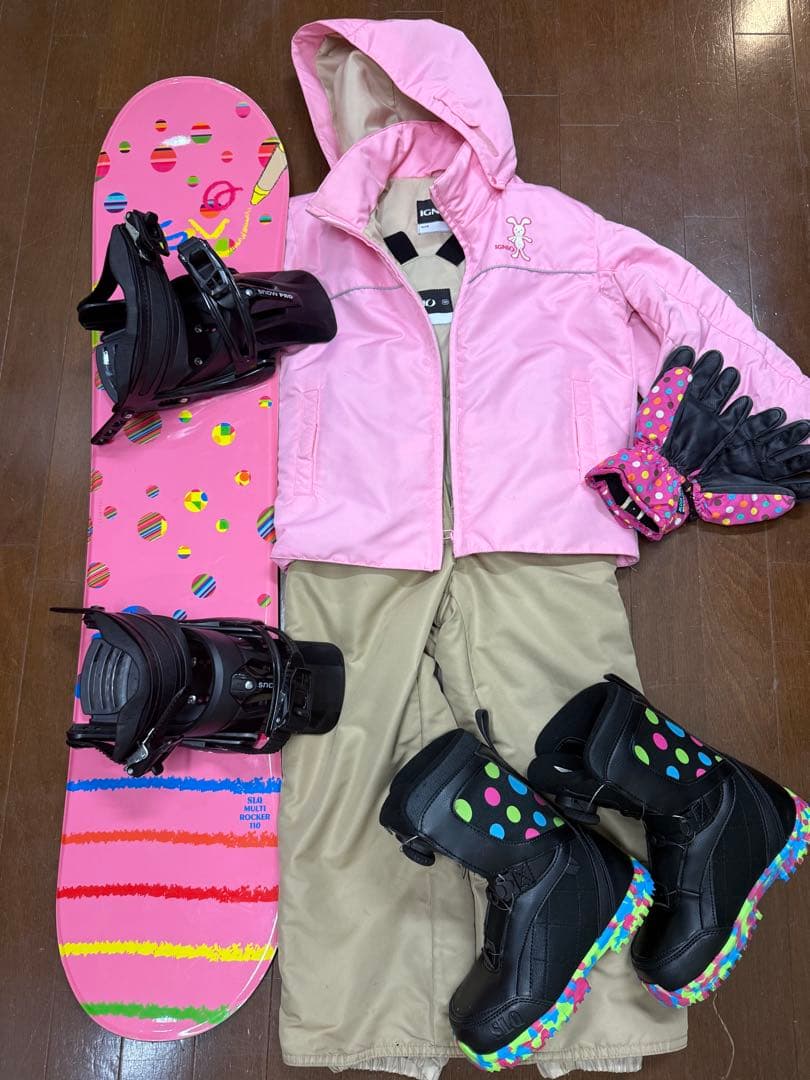 子供用スノボー、ビンディング、ブーツ
