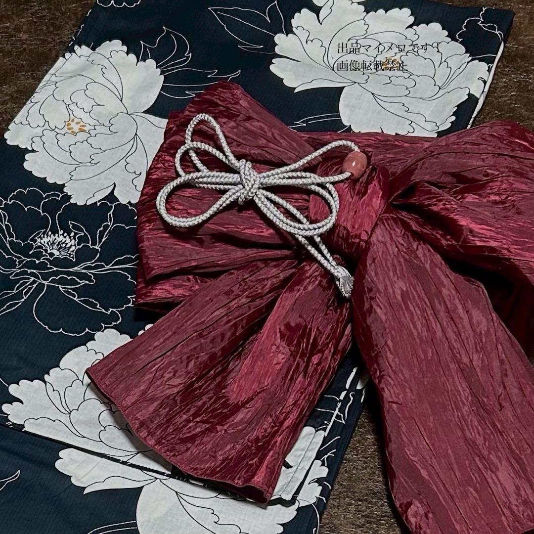 浴衣　大きめサイズ　浴衣 3L 牡丹　濃紺　兵児帯エンジ　2点　新品　0720③