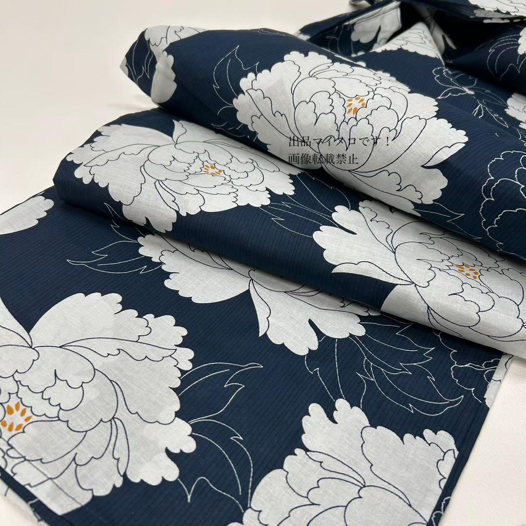 浴衣　大きめサイズ　浴衣 3L 牡丹　濃紺　兵児帯エンジ　2点　新品　0720③