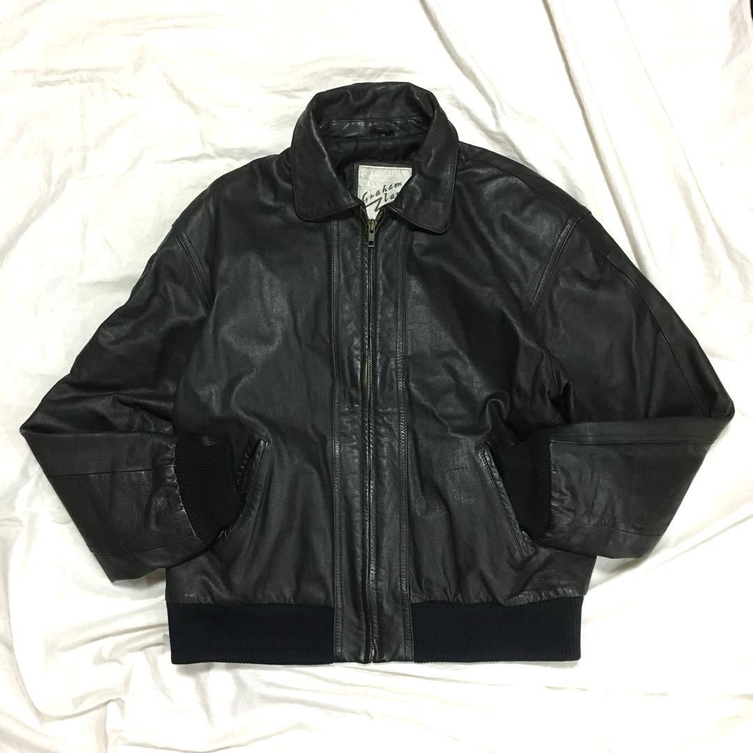 【個性派古着】デザイン革ジャン　牛革　ツヤあり　黒　短丈　ファスナー式　メンズM