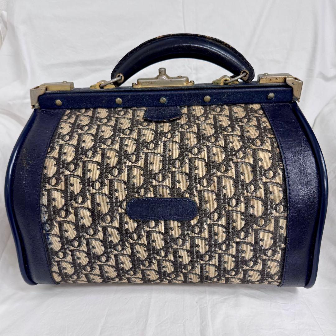 Dior ビンテージボストンバッグ ネイビー がま口ハンドバッグトロッター柄