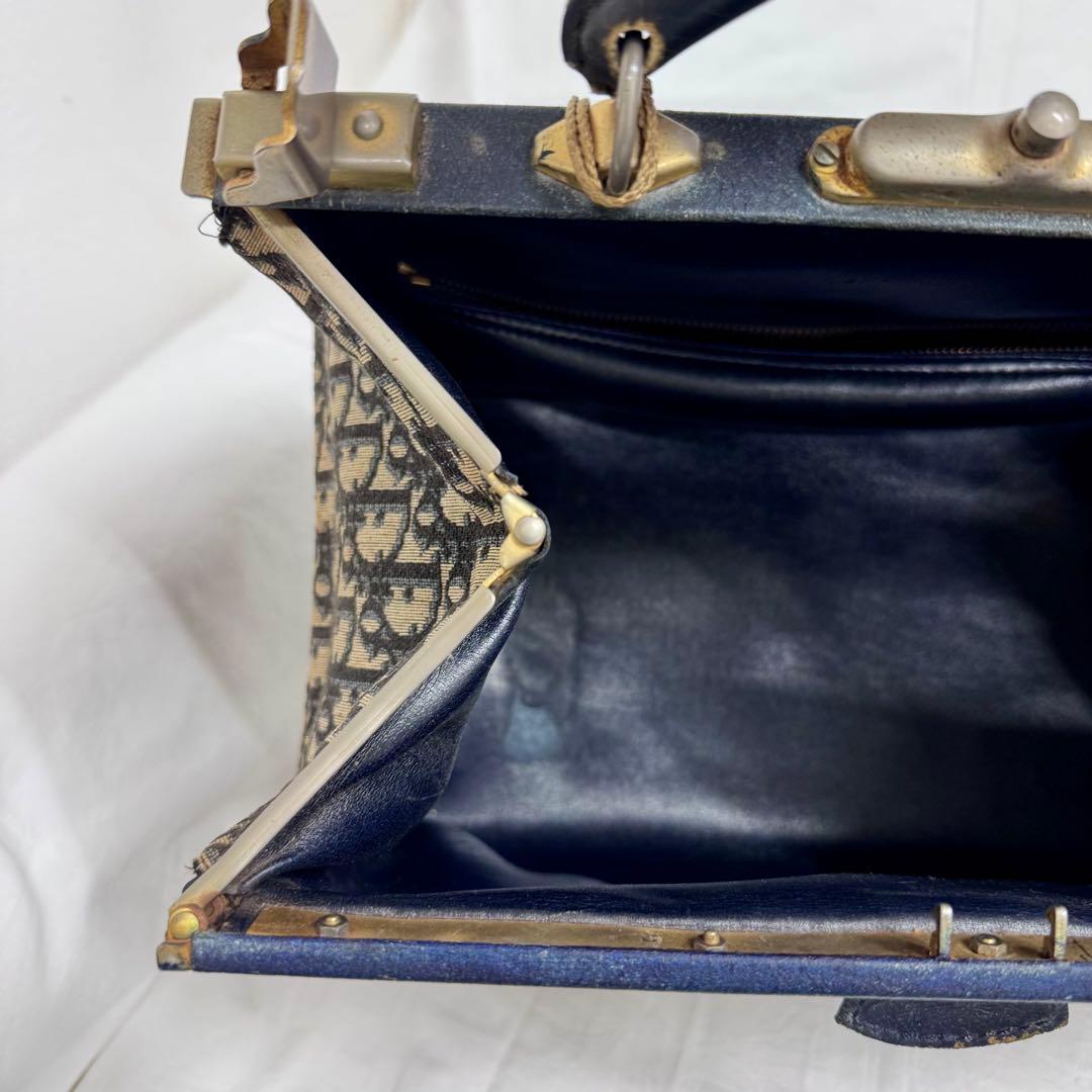Dior ビンテージボストンバッグ ネイビー がま口ハンドバッグトロッター柄