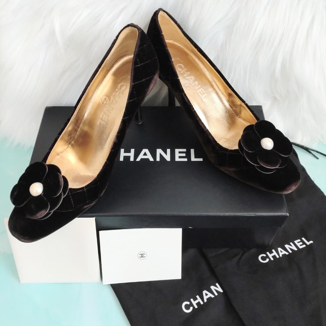 稀少美品✨️シャネル カメリア パール ベロア マトラッセ パンプス