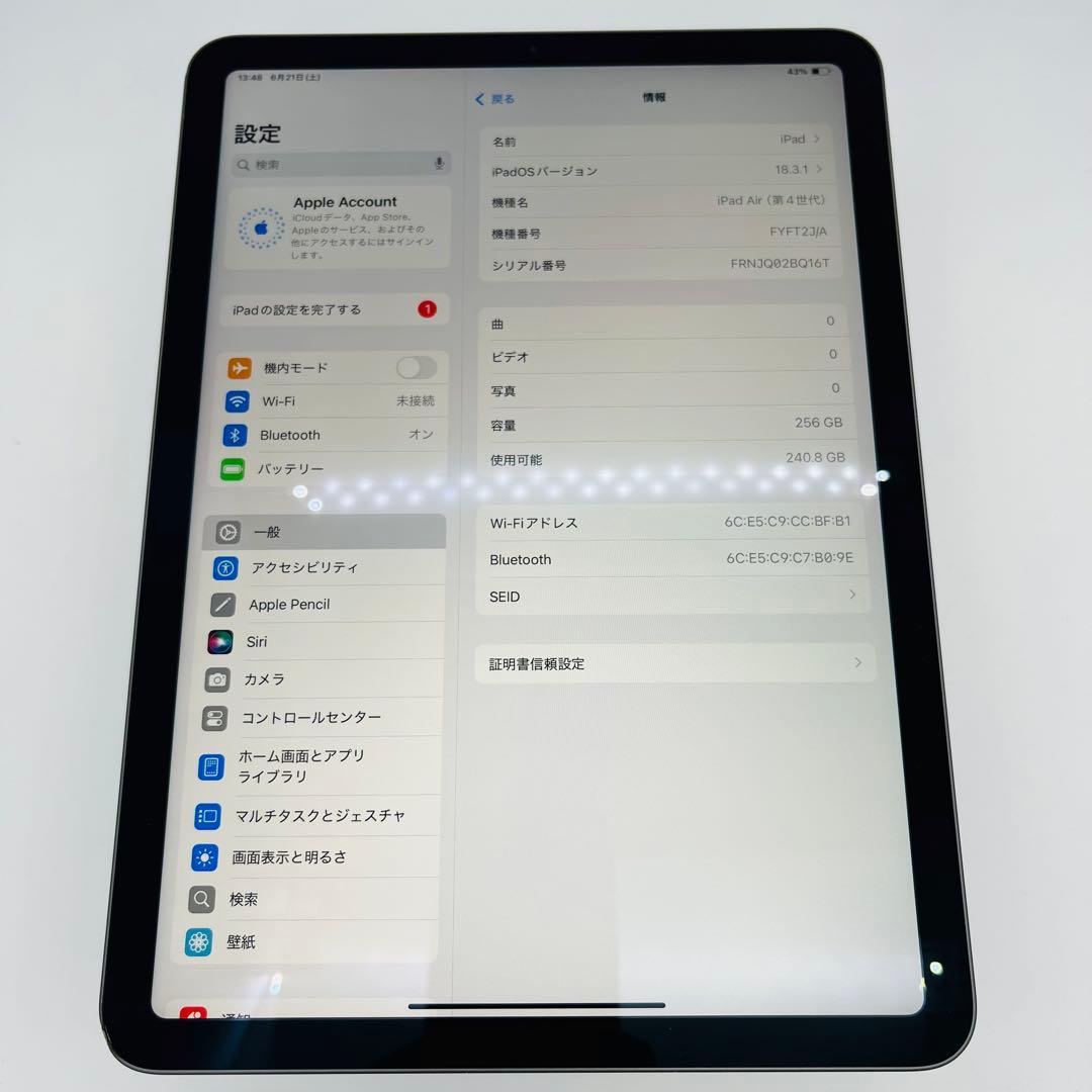 電池97% iPad Air 4 256 GB SIMフリー　グレイ　本体