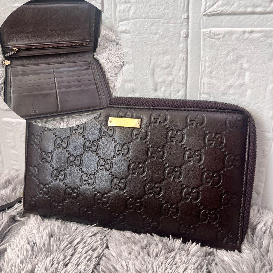 GUCCI✨大きめ長財布　オーガナイザー　ラウンドファスナー　シマ　ブラウン