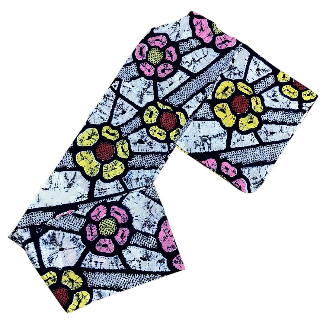 有松鳴海絞り 浴衣 ホワイト ネイビー 花柄 黄色 ピンク 綿 裄69cm 手縫