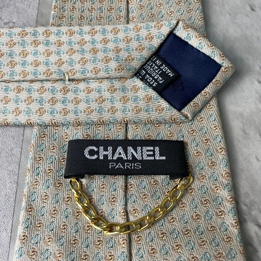 美品 CHANEL シャネル ジャガード ココマーク 総ロゴ ネクタイ ホワイト