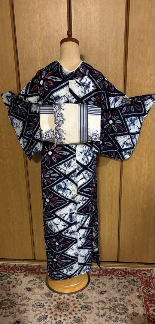 有松鳴海絞り　レトロ　巻き上げ絞り 藍染　花菱　ゆったりサイズ 半幅帯プレゼント